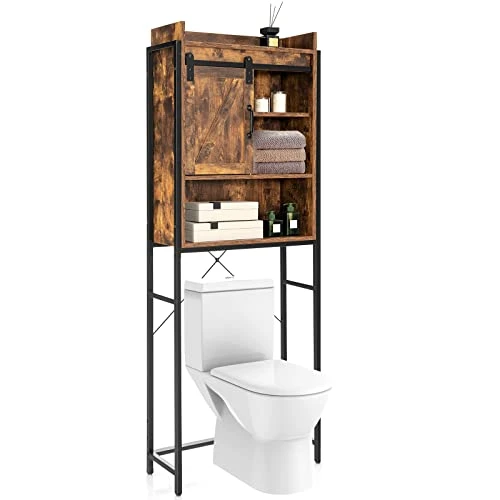 LOKO Over The Toilet Storage Cabinet, Freestanding Bathroom Space Saver With Adjustable Shelves & Sliding Barn Door, 4-Tier Over Toilet Bathroom Organizer, 25 X 9.5 X 67.5 Inches (Rustic Brown) 3 LOKO Over The Toilet Storage Cabinet, Freestanding Bathroom Space Saver With Adjustable Shelves & Sliding Barn Door, 4-Tier Over Toilet Bathroom Organizer, 25 X 9.5 X 67.5 Inches (Rustic Brown)