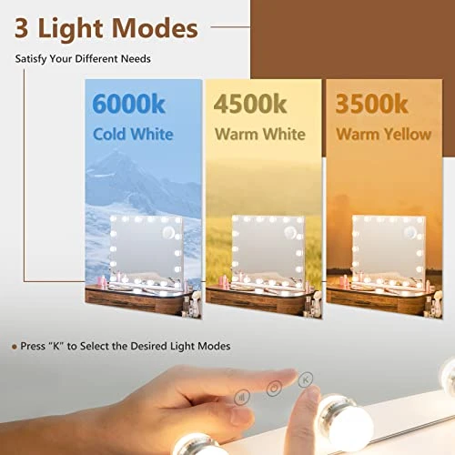 Tangkula 20.5" X 25.5" Hollywood Mirror With Lights, Vanity Mirror W/ 18 Dimmable Bulbs, 3 Color Lighting Modes & 4 Adjustable Brightness, Tabletop & Wall Mounted 5 Tangkula 20.5" X 25.5" Hollywood Mirror With Lights, Vanity Mirror W/ 18 Dimmable Bulbs, 3 Color Lighting Modes & 4 Adjustable Brightness, Tabletop & Wall Mounted - Image 3