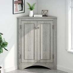 Merax Corner Storage Cabinet, Wood Bathroom Cabinet With Two Doors And Open Shelves, Bathroom Floor Cabinet, Easy To Assemble -Moen Shop 41ClovAFlqL. AC