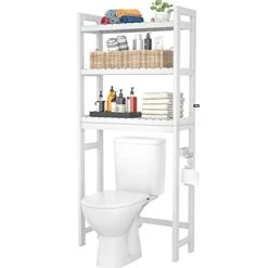 Homykic Over The Toilet Storage, Bamboo 3-Tier Over-The-Toilet Space Saver Organizer Rack, Stable Freestanding Above Toilet Stand With 3 Hooks For Bathroom, Restroom, Laundry, White