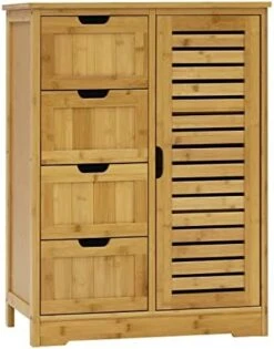 MUPATER Small Bathroom Storage Cabinet Bamboo With 4 Drawers And 1 Cupboard, Freestanding Compact Floor Towel Cabinet Bamboo For Bathroom, Laundry Room, Entryway And Bedroom, Natural -Moen Shop 41D5YEW63L. AC