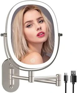 FUNTOUCH Rechargeable Wall Mounted Lighted Makeup Vanity Mirror, Double Sided 1X/7X Magnifying Mirror, 3 Lighting Option Dimmable, Extension Foldable Arm, Oval Frame Lighted Bathroom Magnifying Mirror -Moen Shop 41DjR3pHZcL. AC