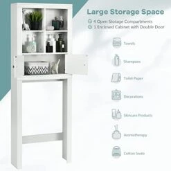 Tangkula Over The Toilet Storage Cabinet, Bathroom Space Saver Organizer W/4 Open Shelves, 2-Door Cabinet & Adjustable Shelves, Above Toilet Stand W/Anti-Tilt Device, Freestanding Toilet Rack (White) 15 Tangkula Over The Toilet Storage Cabinet, Bathroom Space Saver Organizer W/4 Open Shelves, 2-Door Cabinet & Adjustable Shelves, Above Toilet Stand W/Anti-Tilt Device, Freestanding Toilet Rack (White) -Moen Shop 41EPyiOF8QL