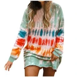 Franterd Women's Tie-Dye Sweatshirts Oversized Long Sleeve Crewneck Loose Casual Mini Dress