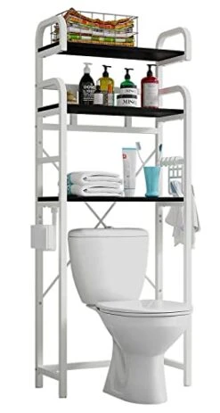 Gyfimoie Over The Toilet Storage Shelf, 3-Tier Metal Bathroom Organizer Rack, Modern Freestanding Space Saver With Adjustable Bottom Bar,4 Hooks & Paper Holder For Laundry Bathroom Balcony