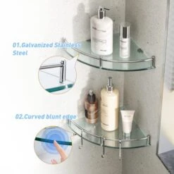 HouseMila Bathroom Shelf, 2 Tier Glass Bathroom Wall Shelf With Extra 3 Hangers Floating Glass Corner Shelves With Nail Shampoo Organizer -Moen Shop 41J9jqVtGBL