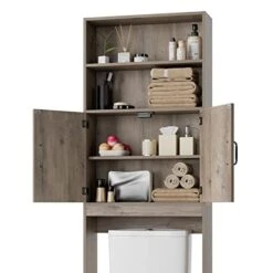 HOSTACK Over The Toilet Storage, Double Door Bathroom Organizer Toilet Cabinet, Freestanding Above Toilet Rack With Open Shelves And Adjustable Bottom Bar, 76.8 In H, Ash Gray -Moen Shop 41JQmR6s9eL
