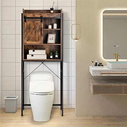 Giantex Over The Toilet Storage Cabinet, 4-Tier Bathroom Organizer W/ 3-Position Adjustable Shelves & Sliding Barn Door, Freestanding Toilet Space Saver Shelf For Bathroom, Laundry (Rustic Brown) 4 Giantex Over The Toilet Storage Cabinet, 4-Tier Bathroom Organizer W/ 3-Position Adjustable Shelves & Sliding Barn Door, Freestanding Toilet Space Saver Shelf For Bathroom, Laundry (Rustic Brown) - Image 2