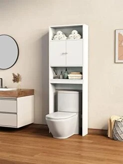 AWQM Over The Toliet Storage, Bathroom Over Toliet Storage Cabinet With Shelves And Doors, Bathroom SpaceSaver Organizer - White -Moen Shop 41NTyebFfjL. AC 1