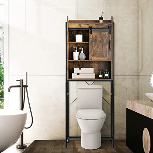 LOKO Over The Toilet Storage Cabinet, Freestanding Bathroom Space Saver With Adjustable Shelves & Sliding Barn Door, 4-Tier Over Toilet Bathroom Organizer, 25 X 9.5 X 67.5 Inches (Rustic Brown) 4 LOKO Over The Toilet Storage Cabinet, Freestanding Bathroom Space Saver With Adjustable Shelves & Sliding Barn Door, 4-Tier Over Toilet Bathroom Organizer, 25 X 9.5 X 67.5 Inches (Rustic Brown) - Image 2