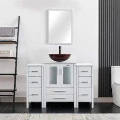 Eclife 48" White Bathroom Vanity W/White Side Cabinet Combo Modern Pedestal Cabinet Set Pedestal Stand Wood With Bathroom Vanity Mirror Drawers Soft Closing Cabinet Doors Set (B02W2B11W) -Moen Shop 41O0VTUDIpL. AC