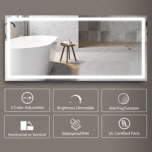 COZZIE Bathroom Vanity Mirror,60x28 Inch Lighted Vanity Mirror,3-Color 3000-6000k Dimmable Anti-Fog CRI 90+ Bathroom Mirrors For Wall(White/Natural/Warm Lights) 3 COZZIE Bathroom Vanity Mirror,60x28 Inch Lighted Vanity Mirror,3-Color 3000-6000k Dimmable Anti-Fog CRI 90+ Bathroom Mirrors For Wall(White/Natural/Warm Lights)