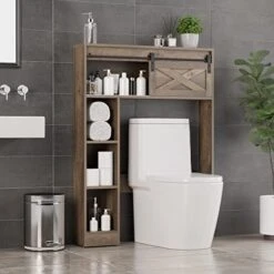 SOSPIRO Farmhouse Over The Toilet Storage With Sliding Barn Door, Freestanding Bathroom Organizer Over Toilet Storage Cabinet Shelf Space Saver Rack For Restroom, Laundry, Oak -Moen Shop 41O6gBzWL. AC