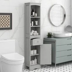 P PURLOVE Bathroom Storage Cabinet, Narrow Tall Slim Floor Cabinet With Drawers And 3 Tier Open Shelves, Tall Storage Cabinet With Door And Adjustable Shelf, For Bathroom, Living Room, Kitchen, Grey -Moen Shop 41OxTiG142L. AC