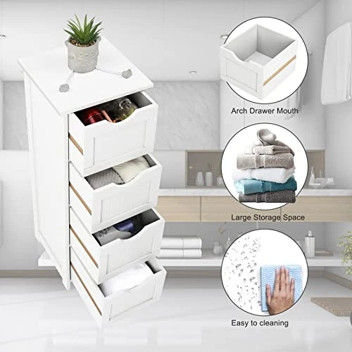 Bonnlo Bathroom Organizer And Storage Wooden Side Bathroom Cabinet With 4 Drawers Free Standing Cabinet White For Bathroom Bedroom Living Room Hallway, 11 13/16" X11 13/16" X32 3/8" 4 Bonnlo Bathroom Organizer And Storage Wooden Side Bathroom Cabinet With 4 Drawers Free Standing Cabinet White For Bathroom Bedroom Living Room Hallway, 11 13/16" X11 13/16" X32 3/8" - Image 2