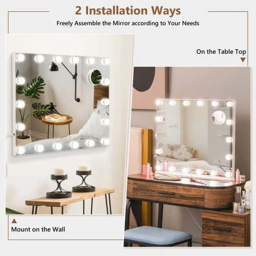 Tangkula 20.5" X 25.5" Hollywood Mirror With Lights, Vanity Mirror W/ 18 Dimmable Bulbs, 3 Color Lighting Modes & 4 Adjustable Brightness, Tabletop & Wall Mounted 4 Tangkula 20.5" X 25.5" Hollywood Mirror With Lights, Vanity Mirror W/ 18 Dimmable Bulbs, 3 Color Lighting Modes & 4 Adjustable Brightness, Tabletop & Wall Mounted - Image 2