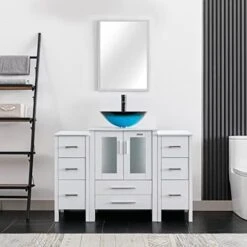 Eclife 48" White Bathroom Vanity W/White Side Cabinet Combo Modern Pedestal Cabinet Set Pedestal Stand Wood With Bathroom Vanity Mirror Drawers Soft Closing Cabinet Doors Set (B02W2B11W) -Moen Shop 41RKoz3lAL. AC