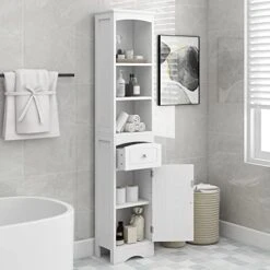 P PURLOVE Bathroom Storage Cabinet, Narrow Tall Slim Floor Cabinet With Drawers And 3 Tier Open Shelves, Tall Storage Cabinet With Door And Adjustable Shelf, For Bathroom, Living Room, Kitchen, Grey -Moen Shop 41SOcH0NmwL. AC