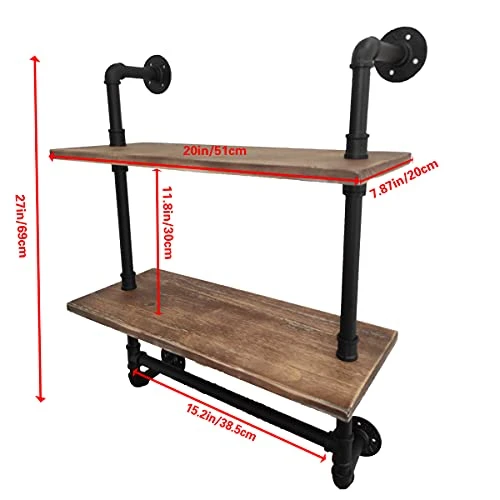 LooftMate Industrial Pipe Shelf,2 Tiered Metal Towel Racks For Bathroom,20" Industrial Pipe Floating Shelves Shelving,Rustic Wood Wall Mount Shelf With Towel Bar,Iron Towel Holder 4 LooftMate Industrial Pipe Shelf,2 Tiered Metal Towel Racks For Bathroom,20" Industrial Pipe Floating Shelves Shelving,Rustic Wood Wall Mount Shelf With Towel Bar,Iron Towel Holder - Image 2