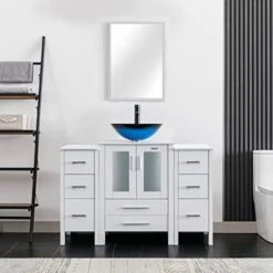 Eclife 48" White Bathroom Vanity W/White Side Cabinet Combo Modern Pedestal Cabinet Set Pedestal Stand Wood With Bathroom Vanity Mirror Drawers Soft Closing Cabinet Doors Set (B02W2B11W) -Moen Shop 41URY2UMKIL. AC