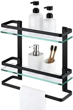 KES Bathroom Tempered Glass Shelf 2 Tier Storage Glass Shelf Rectangular With Bar Wall Mounted Sand Sprayed Anodized Aluminum Finish, A4127B -Moen Shop 41VHv1u8z8L. AC