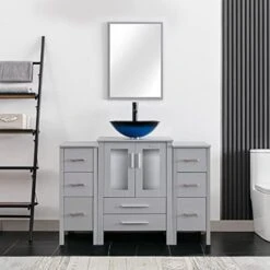 Eclife 48" Grey Bathroom Vanity W/Grey Side Cabinets Combo Modern Pedestal Cabinet Set Pedestal Stand Wood With Bathroom Vanity Mirror Drawers Soft Closing Cabinet Doors Set (B02GY2B11GY) -Moen Shop 41VJzFnyXOL. AC