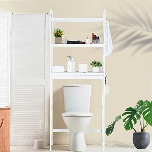 Kasunpul Over The Toilet Storage, 3-Tier Bamboo Over Toilet Bathroom Organizer With Adjustable Shelf & 3 Hook, Fit Most Toilets, Space-Saving, Easy Assembly, White 4 Kasunpul Over The Toilet Storage, 3-Tier Bamboo Over Toilet Bathroom Organizer With Adjustable Shelf & 3 Hook, Fit Most Toilets, Space-Saving, Easy Assembly, White - Image 2