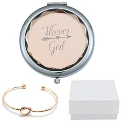 COFOZA Flower Girl Champagne Compact Pocket Makeup Mirror With Rose Gold Knot Bracelet And Gift Box For Wedding Proposal Gift