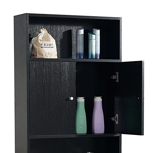 PQXM Over The Toilet Storage Cabinet, 77''H Over Toilet Bathroom Organizer With 2 Open Shelves And Double Doors Cabinet, Black 5 PQXM Over The Toilet Storage Cabinet, 77''H Over Toilet Bathroom Organizer With 2 Open Shelves And Double Doors Cabinet, Black - Image 3