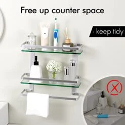 KES Bathroom Tempered Glass Shelf 2 Tier Storage Glass Shelf Rectangular With Bar Wall Mounted Sand Sprayed Anodized Aluminum Finish, A4127B -Moen Shop 41XlpMybwaL
