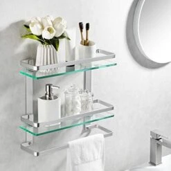 KES Bathroom Tempered Glass Shelf 2 Tier Storage Glass Shelf Rectangular With Bar Wall Mounted Sand Sprayed Anodized Aluminum Finish, A4127B -Moen Shop 41Ysm18qzAL. AC