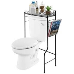 MyGift Black Metal Bathroom Over The Toilet Shelf With Magazine Basket, Space Saver Freestanding Storage Organizer Rack