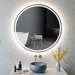 KWW 32 Inch Large Modern LED Round Bathroom Vanity Mirror, Color Temperature Adjustable, Anti-Fog Dimmable Lights, Easy To Install, Wall Mounted Makeup Mirror With Smart Touch Button -Moen Shop 41bRXCrL L. AC