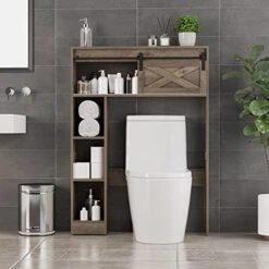 SOSPIRO Farmhouse Over The Toilet Storage With Sliding Barn Door, Freestanding Bathroom Organizer Over Toilet Storage Cabinet Shelf Space Saver Rack For Restroom, Laundry, Oak