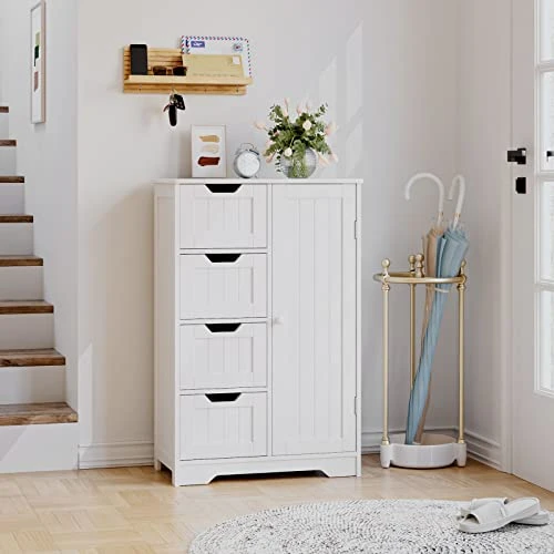 FOTOSOK Bathroom Floor Cabinet, Freestanding Storage Cabinet With 4 Drawers & 1 Cupboard, Adjustable Shelf For Bathroom Entryway Living Room, White 4 FOTOSOK Bathroom Floor Cabinet, Freestanding Storage Cabinet With 4 Drawers & 1 Cupboard, Adjustable Shelf For Bathroom Entryway Living Room, White - Image 2