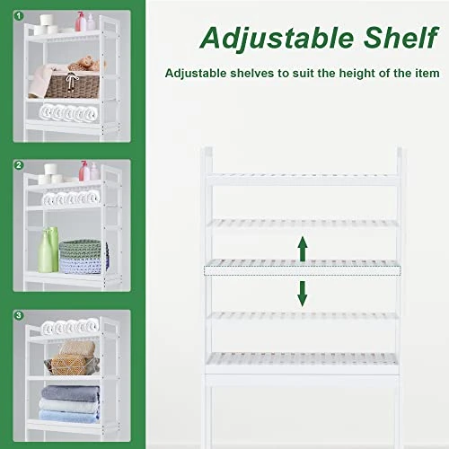 Kasunpul Over The Toilet Storage, 3-Tier Bamboo Over Toilet Bathroom Organizer With Adjustable Shelf & 3 Hook, Fit Most Toilets, Space-Saving, Easy Assembly, White 7 Kasunpul Over The Toilet Storage, 3-Tier Bamboo Over Toilet Bathroom Organizer With Adjustable Shelf & 3 Hook, Fit Most Toilets, Space-Saving, Easy Assembly, White - Image 5