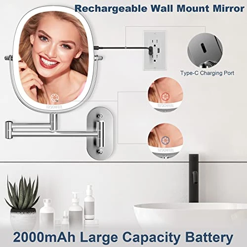 TOUCHFEEL Wall Mounted Makeup Mirror, 9 Inch 1X/7X Magnifying Mirror With 3 Color Light, Double Sided 360° Swivel Extendable Bathroom Mirror With Dimmable LED Light For Bedroom 4 TOUCHFEEL Wall Mounted Makeup Mirror, 9 Inch 1X/7X Magnifying Mirror With 3 Color Light, Double Sided 360° Swivel Extendable Bathroom Mirror With Dimmable LED Light For Bedroom - Image 2