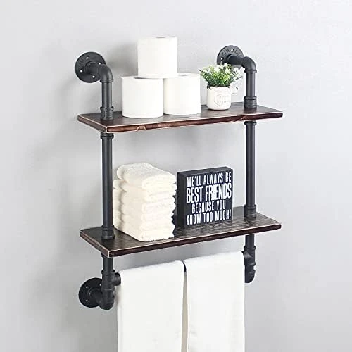 Industrial Pipe Shelf Bathroom Shelves Wall Mounted,19.6in Rustic Wood Shelf With Towel Bar,2 Tier Farmhouse Towel Rack Over Toilet,Pipe Shelving Floating Shelves Towel Holder,Retro Grey 8 Industrial Pipe Shelf Bathroom Shelves Wall Mounted,19.6in Rustic Wood Shelf With Towel Bar,2 Tier Farmhouse Towel Rack Over Toilet,Pipe Shelving Floating Shelves Towel Holder,Retro Grey - Image 6