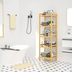 Homykic Bamboo Over The Toilet Storage And 5-Tier Bookshelf, Natural -Moen Shop 41gGJnDcFtL
