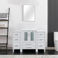Eclife 48" White Bathroom Vanity W/White Side Cabinet Combo Modern Pedestal Cabinet Set Pedestal Stand Wood With Bathroom Vanity Mirror Drawers Soft Closing Cabinet Doors Set (B02W2B11W)