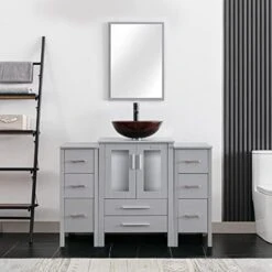 Eclife 48" Grey Bathroom Vanity W/Grey Side Cabinets Combo Modern Pedestal Cabinet Set Pedestal Stand Wood With Bathroom Vanity Mirror Drawers Soft Closing Cabinet Doors Set (B02GY2B11GY) -Moen Shop 41htyvFj4fL. AC
