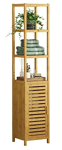 VIAGDO Bathroom Storage Cabinet, Tall Slim Cabinet With Shutter Door And 3 Tier Shelves, Freestanding Linen Tower Cabinet For Living Room, Kitchen, Bathroom Organizer, Natural Bamboo