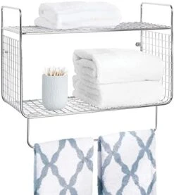 MDesign Steel Wall Mount Towel Rack Storage Organizer Shelf Holder With Towel Bar - For Bathroom, Laundry Room, Kitchen, Garage - Holds Hand Towels, Washcloth - Concerto Collection - Chrome -Moen Shop 41kZDkirJUL. AC