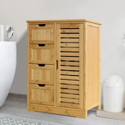 MUPATER Small Bathroom Storage Cabinet Bamboo With 4 Drawers And 1 Cupboard, Freestanding Compact Floor Towel Cabinet Bamboo For Bathroom, Laundry Room, Entryway And Bedroom, Natural