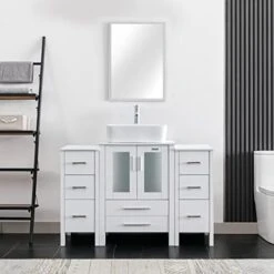 Eclife 48" White Bathroom Vanity W/White Side Cabinet Combo Modern Pedestal Cabinet Set Pedestal Stand Wood With Bathroom Vanity Mirror Drawers Soft Closing Cabinet Doors Set (B02W2B11W) -Moen Shop 41m86w3lrvL. AC