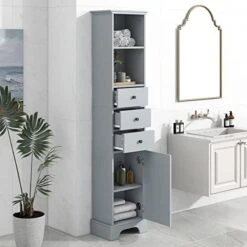 P PURLOVE Bathroom Storage Cabinet, Narrow Tall Slim Floor Cabinet With Drawers And 3 Tier Open Shelves, Tall Storage Cabinet With Door And Adjustable Shelf, For Bathroom, Living Room, Kitchen, Grey -Moen Shop 41p1p0OqcBL. AC
