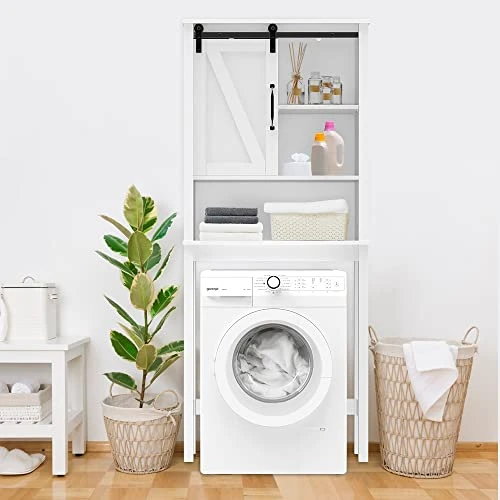 Aowos Over The Toilet Storage Cabinet, Freestanding Bathroom Organizer Over Toilet With Sliding Barn Door, 3-Tier Adjustable Shelves, Open Storage, White 5 Aowos Over The Toilet Storage Cabinet, Freestanding Bathroom Organizer Over Toilet With Sliding Barn Door, 3-Tier Adjustable Shelves, Open Storage, White - Image 3