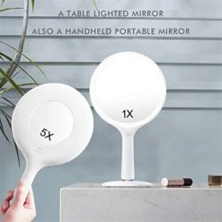 COSMIRROR Lighted Makeup Mirror With 3 Colors Dimmable Lighting, Round Makeup Vanity Mirror With 62 LED Lights, 1x/5x Magnification, Cordless Rechargeable Handheld Light Up Mirror (White) -Moen Shop 41qPNA0Tr2L