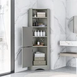 P PURLOVE Bathroom Storage Cabinet, Narrow Tall Slim Floor Cabinet With Drawers And 3 Tier Open Shelves, Tall Storage Cabinet With Door And Adjustable Shelf, For Bathroom, Living Room, Kitchen, Grey -Moen Shop 41riOKz3SL. AC