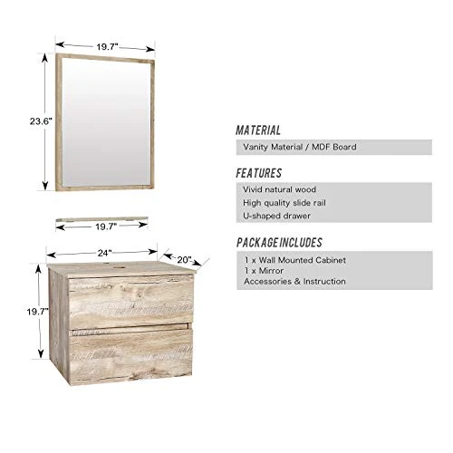 Eclife 24” Bathroom Vanity Cabinet Wall Mounted Natural Cabinet Two Drawers Pedestal Cabinet Vanity Set With Mirror (Single Cabinet Only) 4 Eclife 24” Bathroom Vanity Cabinet Wall Mounted Natural Cabinet Two Drawers Pedestal Cabinet Vanity Set With Mirror (Single Cabinet Only) - Image 2